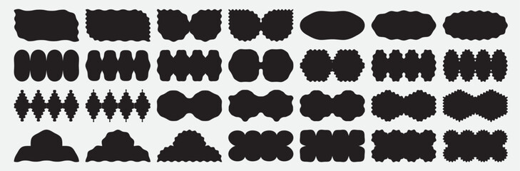Wavy edges trendy geometric shapes collection. Black brutalist forms with curvy and jagged borders. 