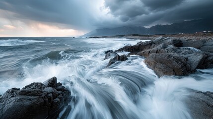 Obraz premium A mesmerizing coastal view featuring waves flowing and crashing against rocky outcrops under a stormy sky, capturing the dynamic interplay between water and land.