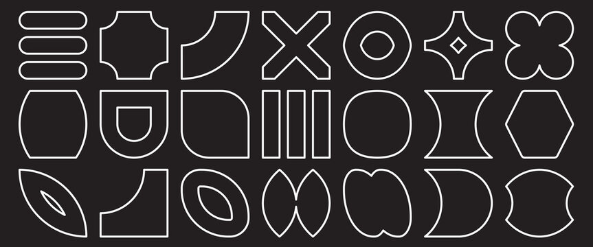 Trendy vector shapes set. White frames with geometric basic brutal forms and figures. 