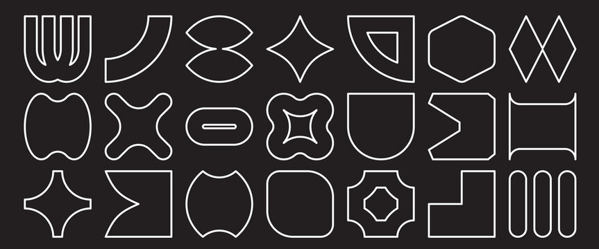 Trendy vector shapes set. White frames with geometric basic brutal forms and figures. 