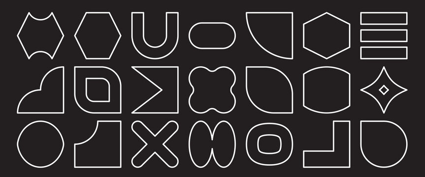 Trendy vector shapes set. White frames with geometric basic brutal forms and figures. 