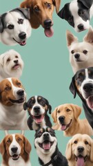 Adorable doggy mix-up A joyful collage of colorful pups with distinct personalities set against a bright backdrop creating a delightful array.