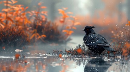 A serene dark bird with a spiked crest, standing by calm waters surrounded by lush autumn foliage; the scene captures a tranquil and reflective moment in nature.