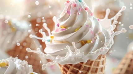 Fototapeta premium Ice Creams in Waffle Cone with Dynamic Milk Splashes