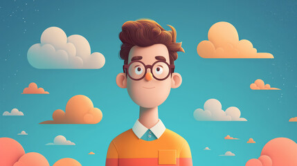 Cheerful cartoon character standing in a colorful sky with clouds.