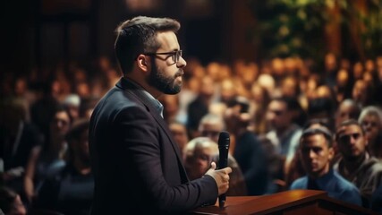An inspirational business speaker giving a talk on stage to a large audience.