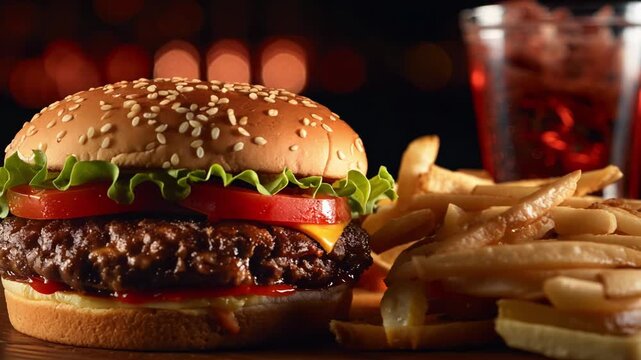 Slowmotion food: perfect hamburger meal, dolly out.