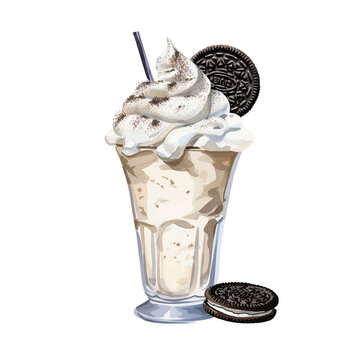 recommend clip art: A Cookies and Cream: Vanilla ice cream blended with whole Oreo cookies, topped with whipped cream and crushed Oreos. , watercolor illustration clipart