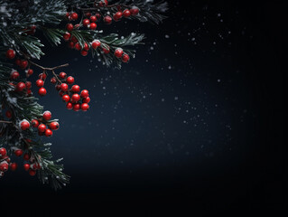 Christmas tree branches with fir-cones, gold stars and beads on dark wooden background.