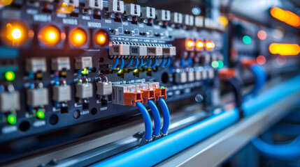 Close-up of a server rack with network cables and glowing indicator lights in a data center environment.