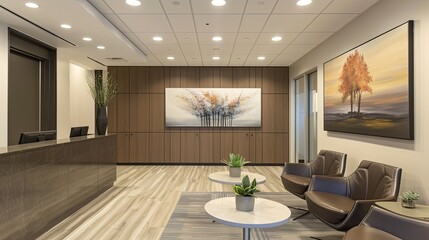 Modern office reception area with sleek furniture, contemporary art, and welcoming decor.