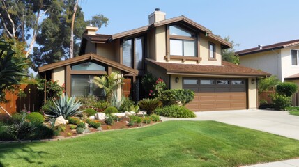 Beautiful Suburban House With Lush Garden and Well-Maintained Lawn in Bright Daylight