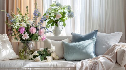 Spring home decor with fresh flowers, pastel colors, and light fabrics, creating a refreshing atmosphere.