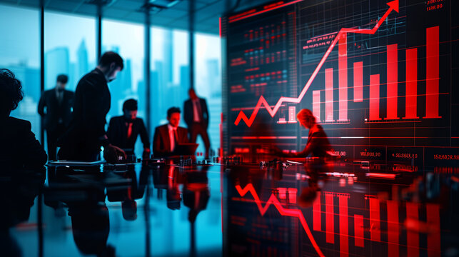 Strategic Moves: A team of business professionals strategize in a high-tech boardroom, analyzing glowing red financial charts with an upward trajectory, reflecting ambitious goals and data-driven deci