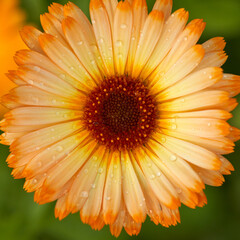 Orange circle of marigold inflorescence in raindrops on green background. Macro photography.