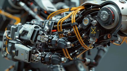 Fototapeta premium A close-up view of a robotic arm being assembled, showcasing intricate components and wiring during the manufacturing process