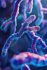 A close up of a cell with a purple and blue color. The cell is full of small, fuzzy looking things