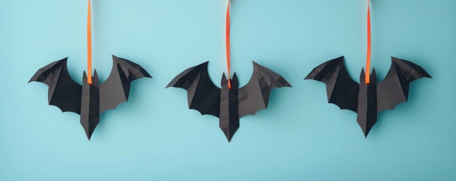 Eerie Bat Shaped Paper Hanging from Ceiling with Deep Depth of Field for Halloween Party or Autumn
