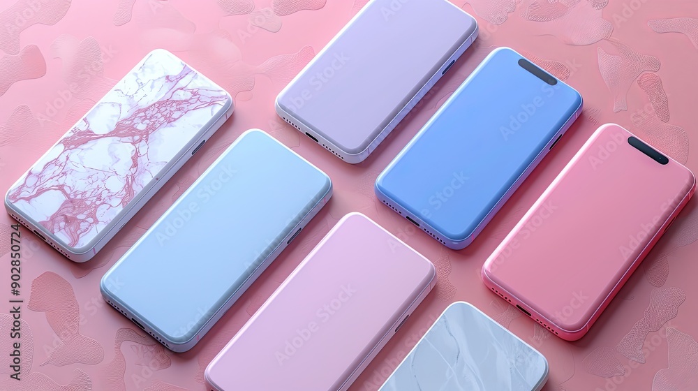 Wall mural ealistic smartphone mockup. Device UI/UX mockup for presentation template. . Cellphone frame with blank display isolated templates, phone different angles views. 3d isometric illustration cell phone