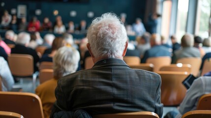 Fototapeta premium Elderly Participant Seen from Behind at Town Hall Meeting