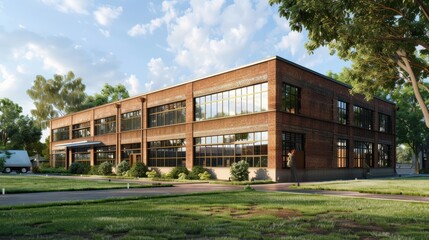 Fototapeta premium Modern Brick Building Surrounded by Lush Greenery on a Sunny Day