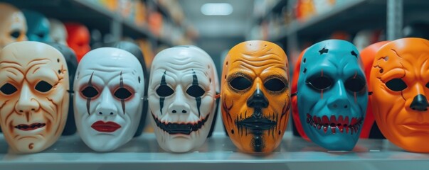 Obraz premium Frightening assortment of horror masks displayed on a table with a deep depth of field creating a moody and dramatic atmosphere The masks feature a variety of sinister ominous