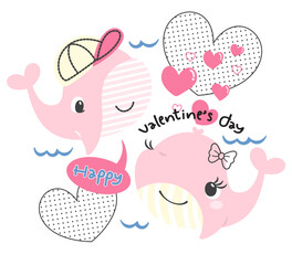 Happy valentine's day card with cute cartoon whale boy and whale girl in love isolated on white background illustration vector.