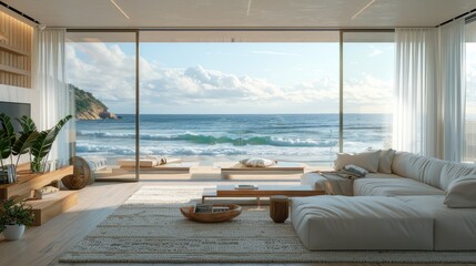 Fototapeta premium Beach house living room with wide windows overlooking the sea, providing a luxurious and relaxing ambiance