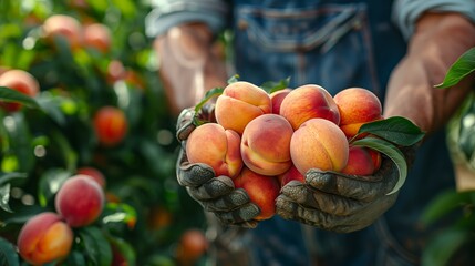 A close-up view of gloved hands holding a cluster of ripe peaches against the backdrop of lush peach trees in an orchard.