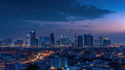 A city skyline at night with a dark sky and clouds. The city is lit up with lights from the buildings and streetlights. Scene is calm and peaceful, as the city is quiet and still at night