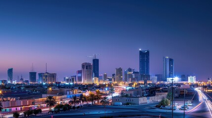 Fototapeta premium A city skyline at night with a dark sky and clouds. The city is lit up with lights from the buildings and streetlights. Scene is calm and peaceful, as the city is quiet and still at night