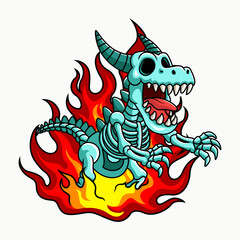 Dinosaur skull vector sticker illustration with fire background. Vector eps 10
