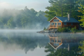 Fototapeta premium Tranquil Lakeside Morning at a Cozy Cottage Amidst Lush Forest Scenery - Perfect for Calm and Serene Wall Art, Poster, or Nature-Themed Design