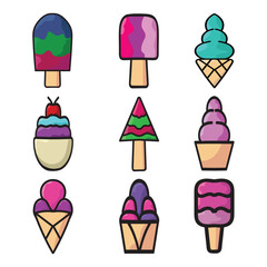 Collection of ice cream funny fast food kawaii style isolated on 