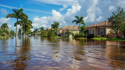 Obraz premium A truck is driving through a flooded street. The water is high and the truck is splashing water everywhere. The scene is chaotic and dangerous