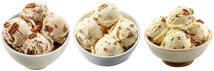 Set of butter pecan ice cream scoops arranged in a bowl isolated on transparent background