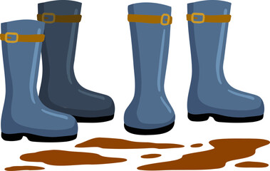 Rubber boot and puddle of mud. Dirty pair of footwear. Spring season and galoshes. Blue Shoes of farmer isolated on white. Waterproof farming gumboots