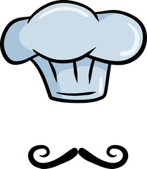Chef cap. Cook sign. White uniform and hat. Cafe or french restaurant illustration. Bakery costume, cooking wear with moustache isolated on white