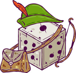Dice d6 for playing tabletop board game. Cartoon outline drawn illustration. Fantasy art sticker, adventure boardgame, roleplaying decoration. Archer and bow