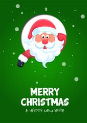 Merry Christmas and Happy New Year greeting card with Santa Claus. Vector illustration. on the green background.