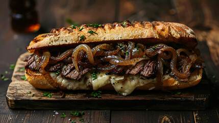 Hot and savory philly cheesesteak sandwich is being presented on a rustic wooden board