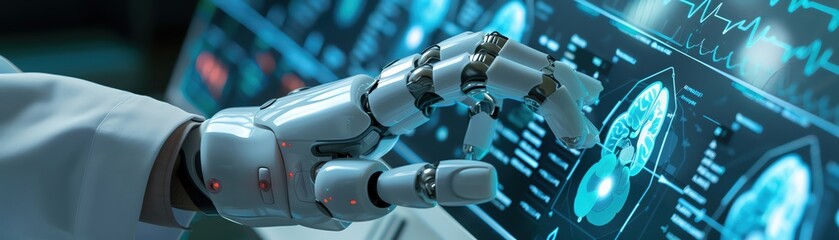 Robotic hand interacting with a futuristic interface.