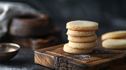 Stack of golden brown shortbread cookies on a rustic wooden board, sprinkled with powdered sugar