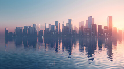 Fototapeta premium A serene cityscape depicts modern skyscrapers reflecting on calm water at sunset, creating a tranquil atmosphere with pastel hues in the sky