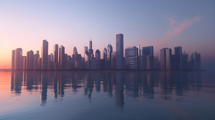 Naklejka premium A stunning skyline reflects beautifully in calm water during sunset, showcasing modern skyscrapers with various architectural styles against a pastel sky