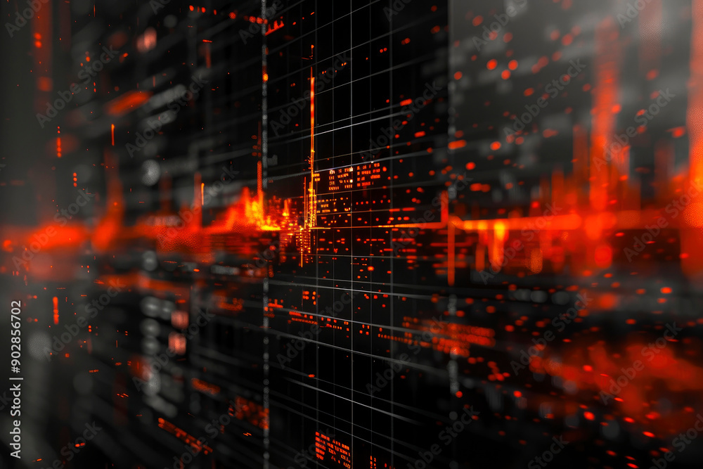 Fototapete Abstract digital art with red and black tones, featuring futuristic data visualizations, lines, and grids, creating a dynamic energy and tech-centric feel.