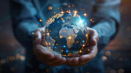 Fototapeta premium A group of people are standing in front of a globe, with the sun shining on them. Concept of unity and collaboration, as the people are all working together towards a common goal