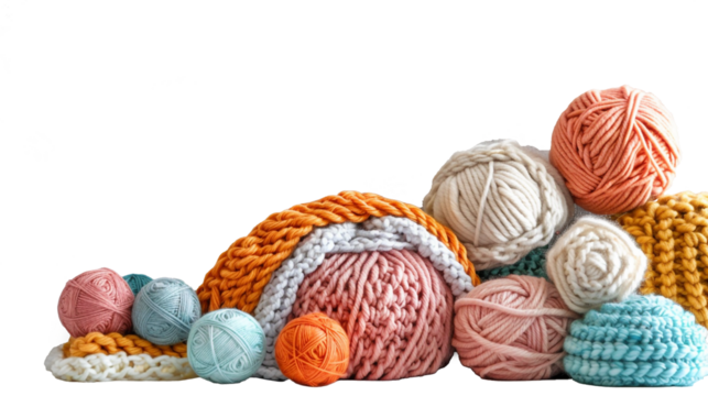 isolated image of balls of thread, yarn, wool on a transparent background. bright yarn for knitting in a ball 