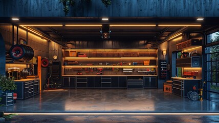 Modern home garage mockup, organized tool racks, high quality realistic images