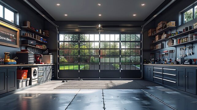 Modern home garage mockup, organized tool racks, high quality realistic images